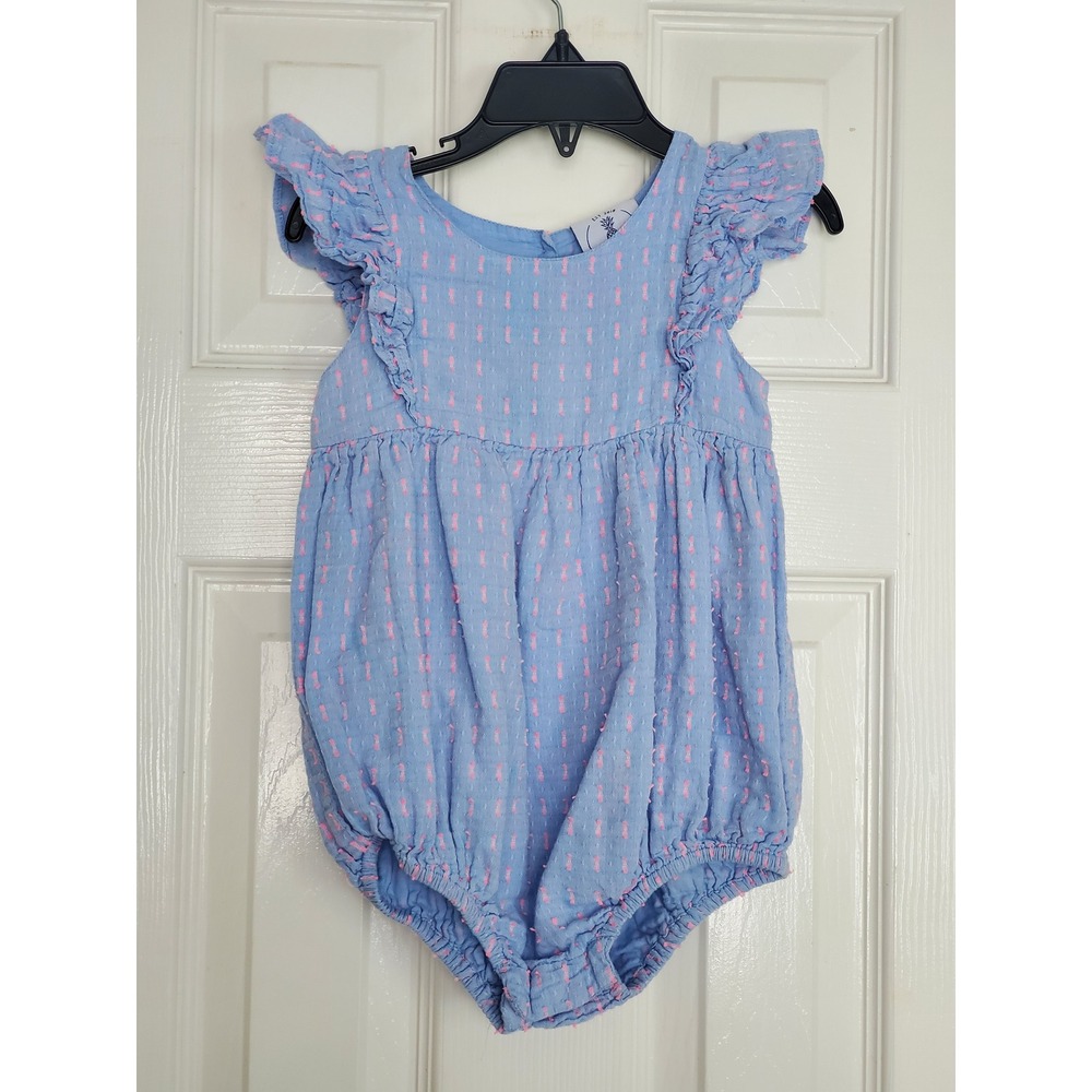 Ella Gray Romper Blue Pink Flutter Sleeve Boho Preppy Summer One Piece 3T